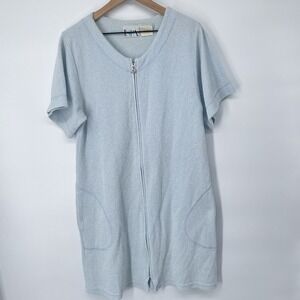 VTG 90s Delicates Spa Terry‎ Cloth Bath Robe Women S Light Blue Pockets Full Zip